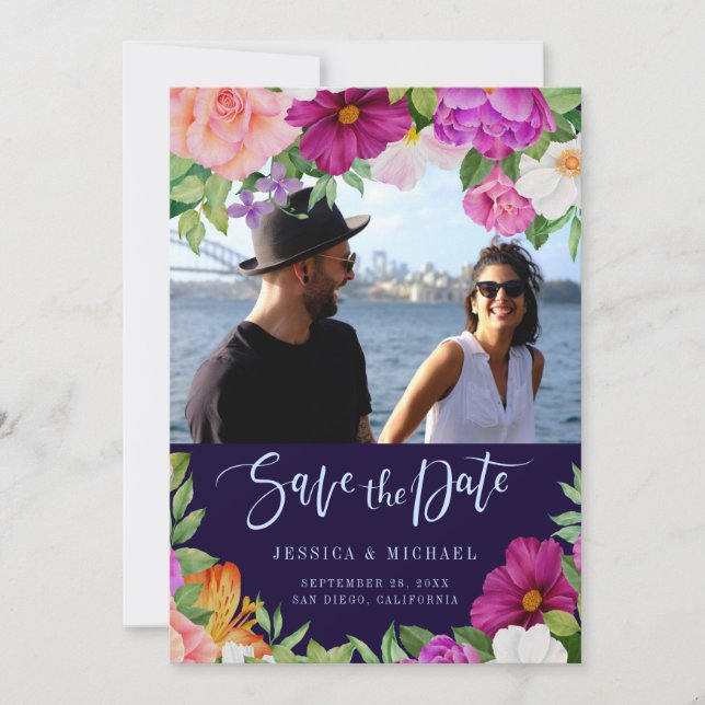 Lila Rosa Rik Bouquets Blommigt Bröllop Photo Spara Datumet (Framsida)