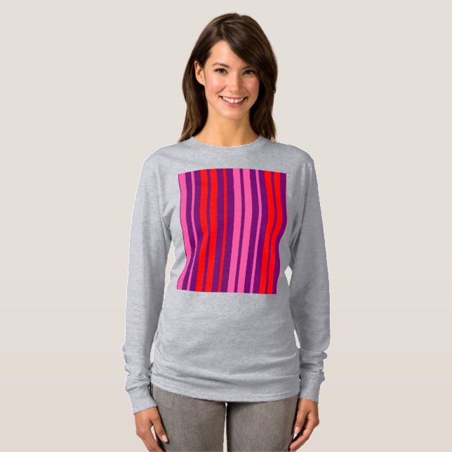 Lila Rosa Röd Vertikal Randig Design   T Shirt (Hel framsida)