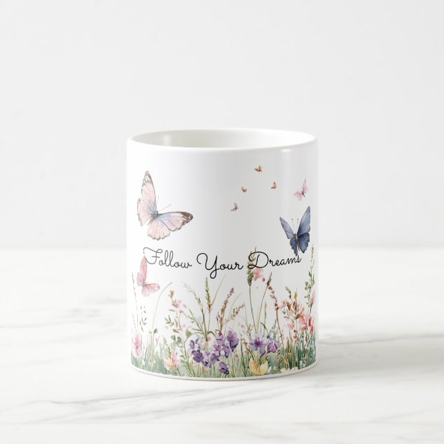 Lila Rosa Röda Blommor Fjärilar   Kaffemugg (Center)