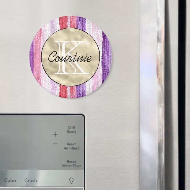 Lila Rosa Rodnad Röd Ränder Guldmonogram      Magnet (In Situ (Fridge))