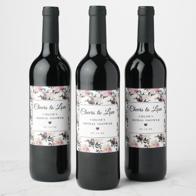 Lila Rosa Ros Blommig Bröllopsdusch Vinflaska Etikett (Flaskor)