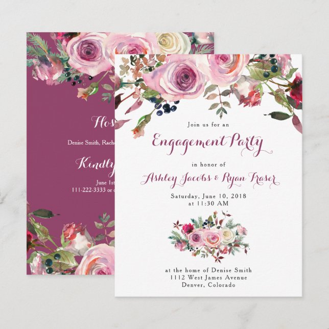 Lila Rosa ros Blommigt Förlovningsfest Inbjudningar (Fram/baksida)