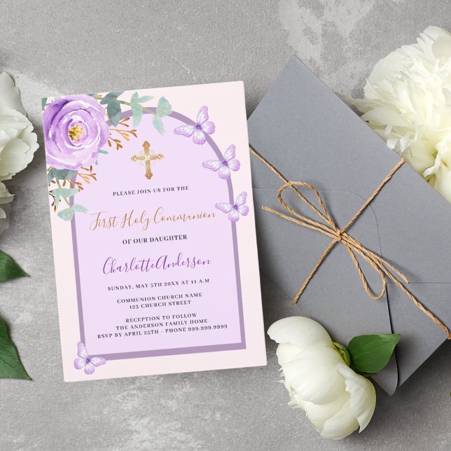 Lila rosa ros butterflies arch First Communion Inbjudningar (Skapare uppladdad)
