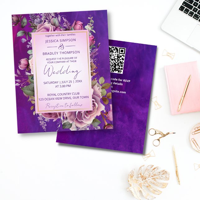 Lila rosa ros elegant budgetinbjudan för bröllopsi (Purple pink vintage roses all in one budget wedding invitation template affordable quality invites)