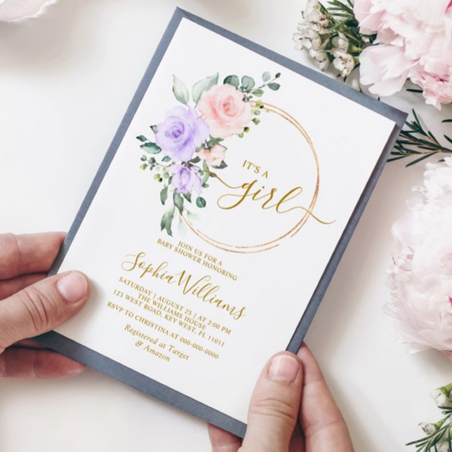 Lila Rosa ros & Guld, utandningsljud för spädbarn Inbjudningar (Skapare uppladdad)