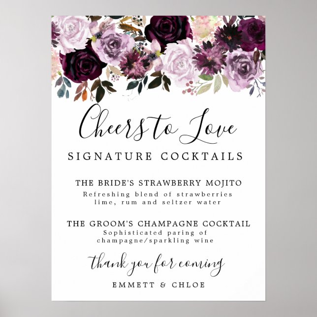 Lila Rosa Ros Signatur Drinkar Bröllopsskylt Poster (Framsidan)