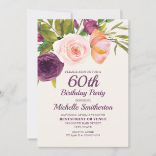 Lila Rosa Rosa Vattenfärg Blommig 60-årsdag Inbjudningar