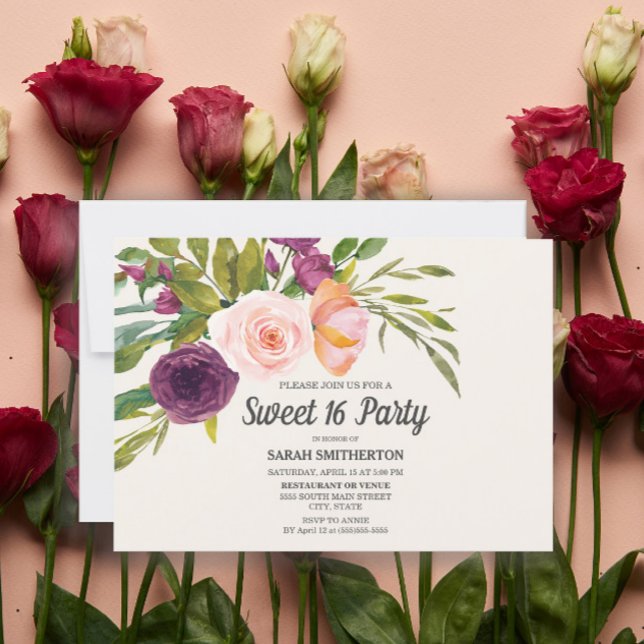 Lila Rosa Rosa Vattenfärg Blommig Sweet 16 (Skapare uppladdad)