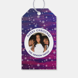 Lila Rosa Rustic Wood Snowflake-julfoto Presentetikett