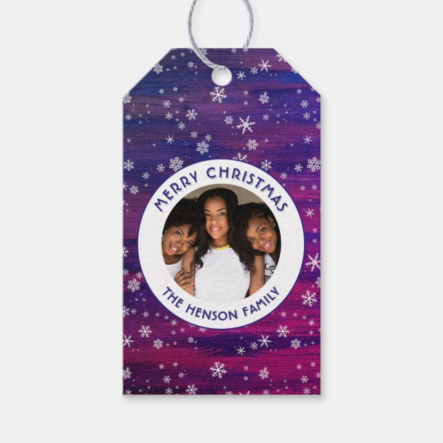 Lila Rosa Rustic Wood Snowflake-julfoto Presentetikett (Framsidan)