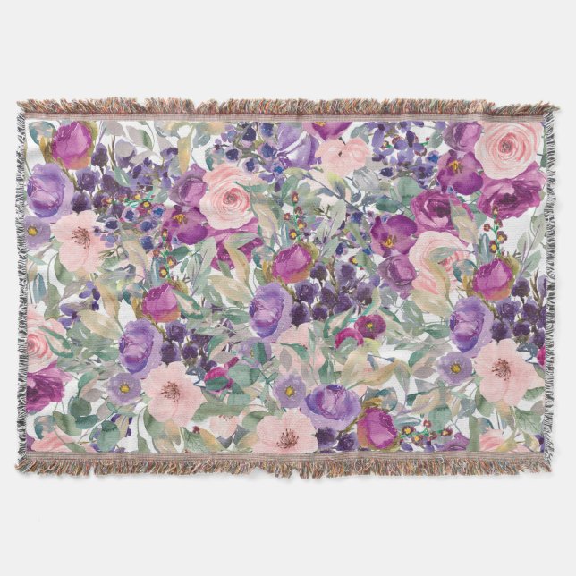 Lila Rosa Sage Grönt Boho Flowers Filt (Framsidan)