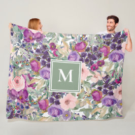 Lila Rosa Salvia Grön Boho Blommor Monogram Fleecefilt