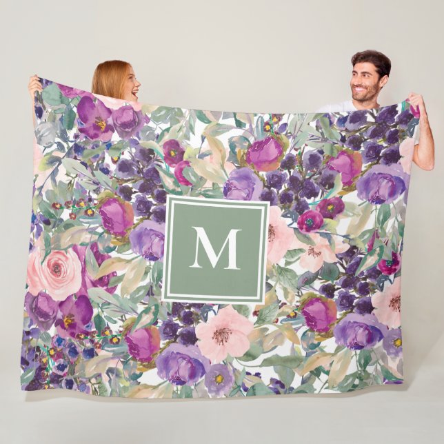 Lila Rosa Salvia Grön Boho Blommor Monogram Fleecefilt (På plats)