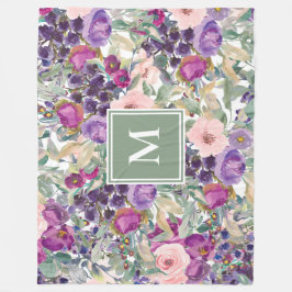 Lila Rosa Salvia Grön Boho Blommor Monogram Fleecefilt