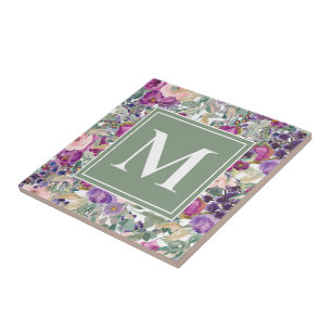 Lila Rosa Salvia Grön Boho Blommor Monogram Kakelplatta