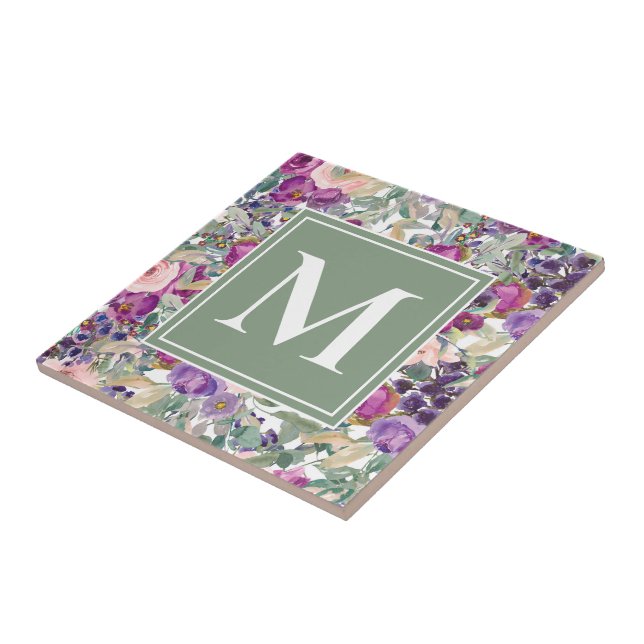 Lila Rosa Salvia Grön Boho Blommor Monogram   Kakelplatta (Sidan)