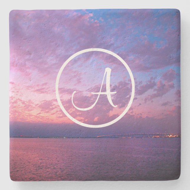 Lila rosa Sea sunset anpassningsbar monogram Stenunderlägg (Framsidan)