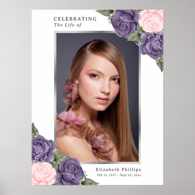Lila Rosa Silver Minnestecken Begravningsskylt Poster (Framsidan)