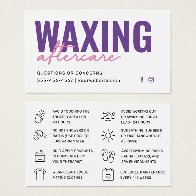 Lila Rosa Simple Modern Waxing Aftercare Card  Visitkort (Framsida & baksida)