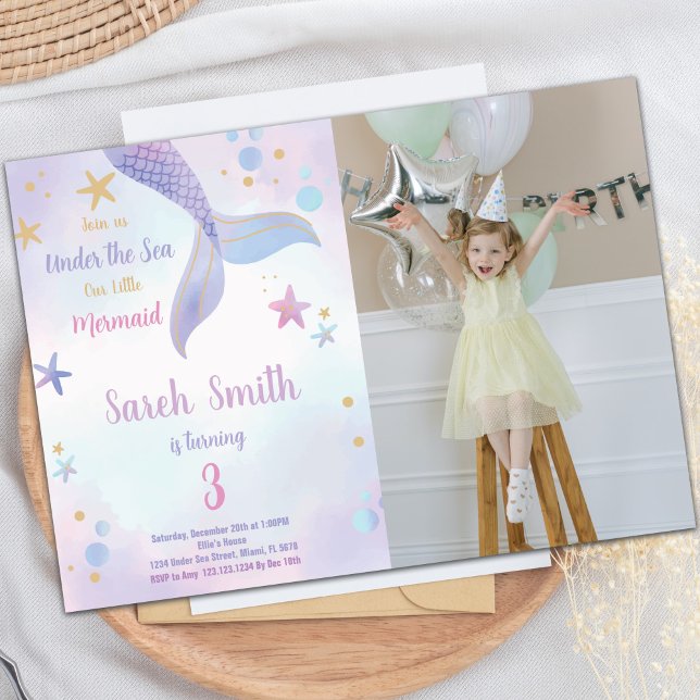 Lila Rosa Sjöjungfru Birthday-inbjudningar med fot Inbjudningar (Purple Pink Mermaid Birthday Invitations w photo)