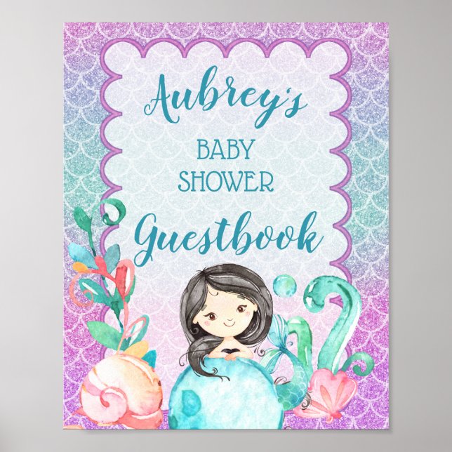 Lila Rosa Sjöjungfru Girl Baby Shower Guestbook Poster (Framsidan)