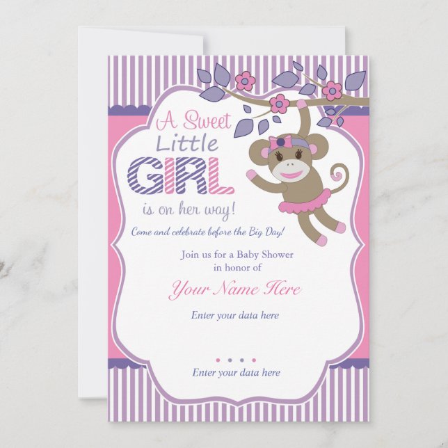 Lila Rosa Sock monkey Baby Shower-inbjudan Inbjudningar (Framsida)