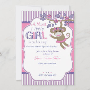 Lila Rosa Sock monkey Baby Shower-inbjudan Inbjudningar