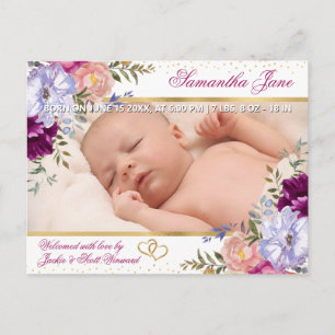 Lila & Rosa Sommarblommor Baby Födelse Meddelande Vykort
