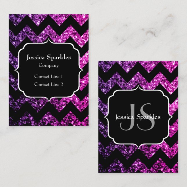 Lila Rosa sparkles black Chevron Monogram Visitkort (Fram/baksida)
