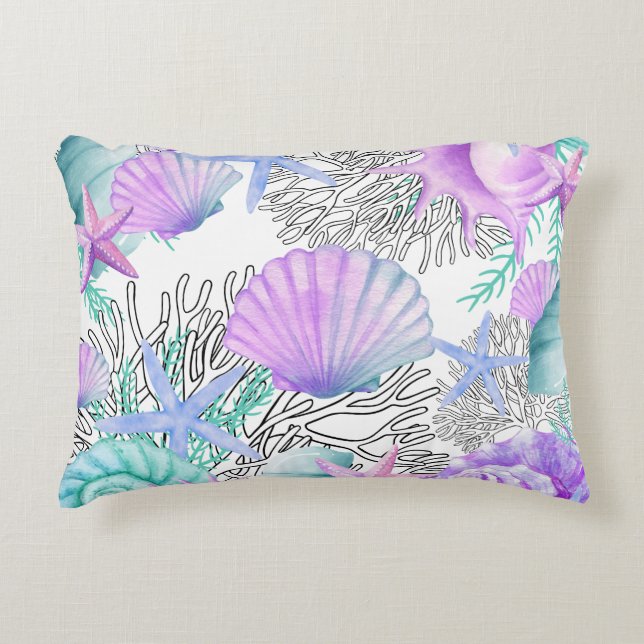 Lila Rosa Teal and White Seashells Prydnadskudde (Framsidan)
