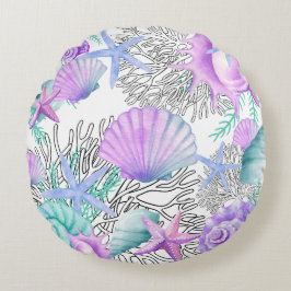 Lila Rosa Teal and White Seashells Rund Kudde