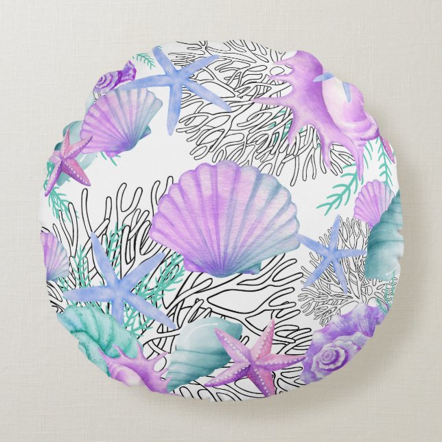 Lila Rosa Teal and White Seashells Rund Kudde (Framsidan)