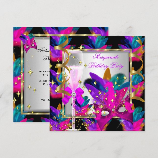 Lila Rosa Teal Blue MasqueraParty Birthday Inbjudningar (Fram/baksida)
