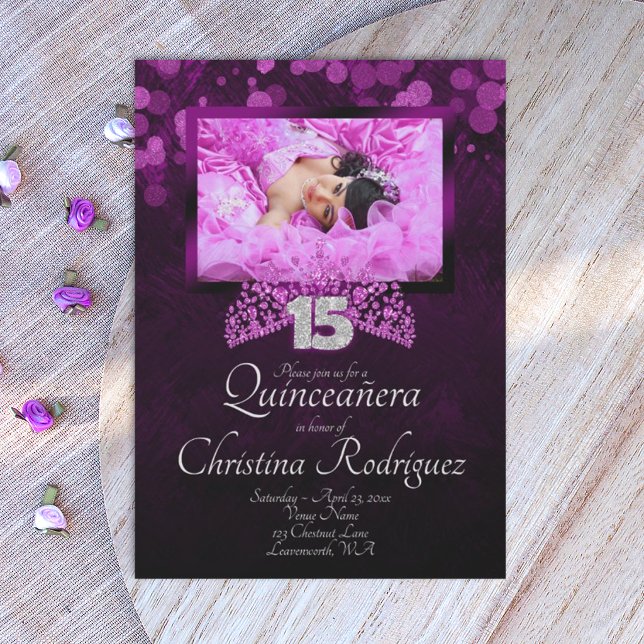 Lila, Rosa Tiara Quinceañera-inbjudan Inbjudningar (royal purple quinceanera invitations, silver 15)