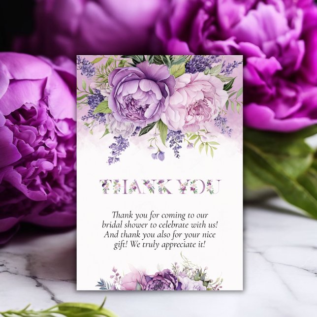 Lila & Rosa Trädgårdsblommor Bröllopsdusch Tack Kort (Purple & Pink Garden Flowers Bridal Shower Thank You Card)