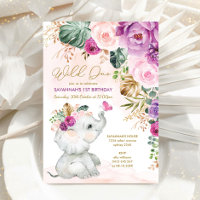 Lila Rosa Tropical Blommigt Elephant 1st Birthday