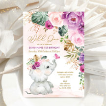 Lila Rosa Tropical Blommigt Elephant 1st Birthday