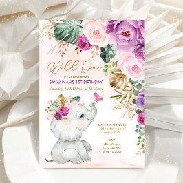 Lila Rosa Tropical Blommigt Elephant 1st Birthday Inbjudningar