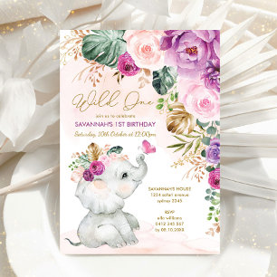 Lila Rosa Tropical Blommigt Elephant 1st Birthday Inbjudningar