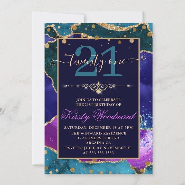 Lila, Rosa & Turkos Guld Glitter Agat Födelsedag Inbjudningar (Framsida)