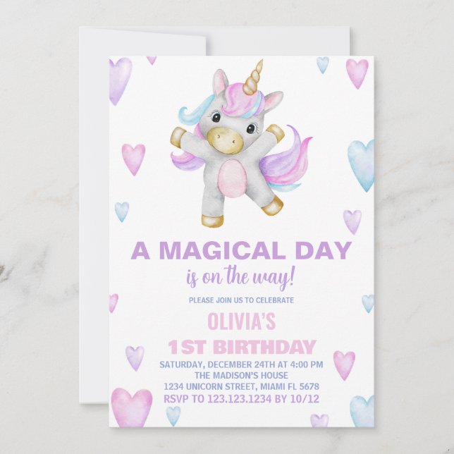 Lila Rosa Unicorn Birthday-inbjudningar Inbjudningar (Framsida)