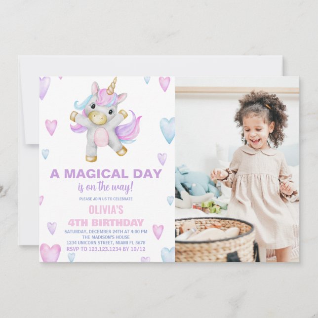 Lila Rosa Unicorn Birthday-inbjudningar med foto Inbjudningar (Framsida)