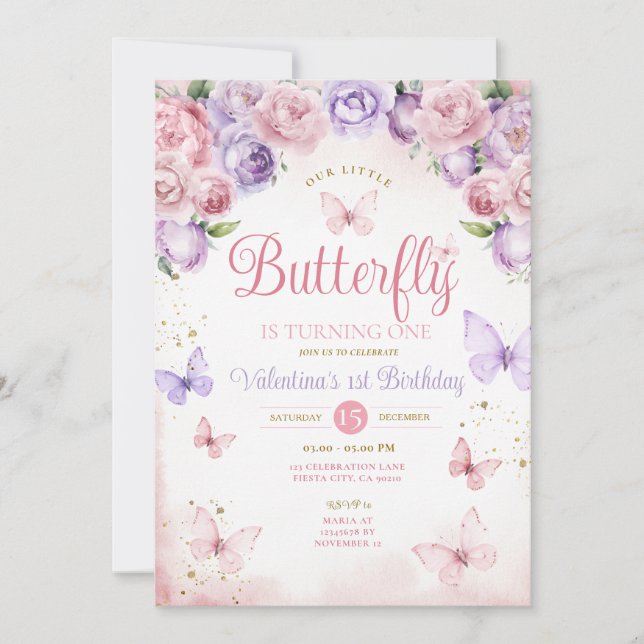 Lila Rosa Vår lilla fjäril fyller ett Inbjudningar (Framsida)