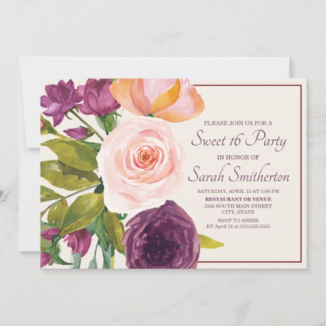 Lila Rosa Vattenfärg Blommig Kräm Sweet 16 (Framsida)