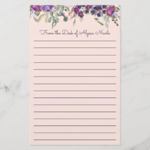 Lila Rosa Vattenfärg Blommig Linjerad Brevpapper