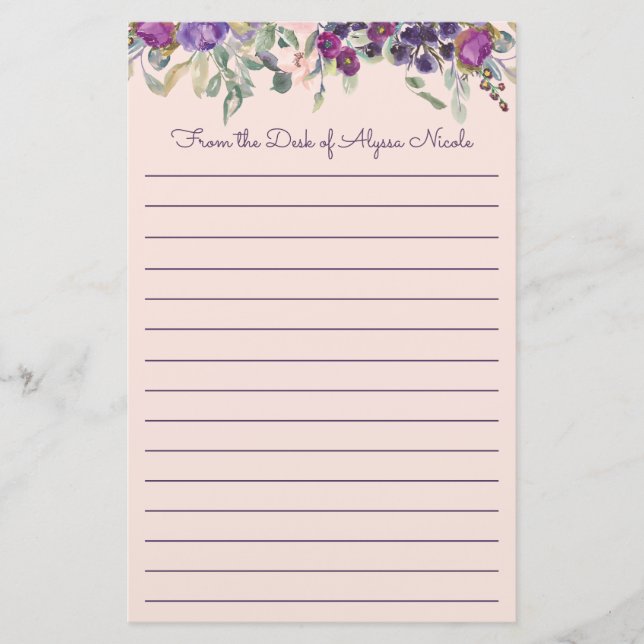 Lila Rosa Vattenfärg Blommig Linjerad Brevpapper (Framsida)