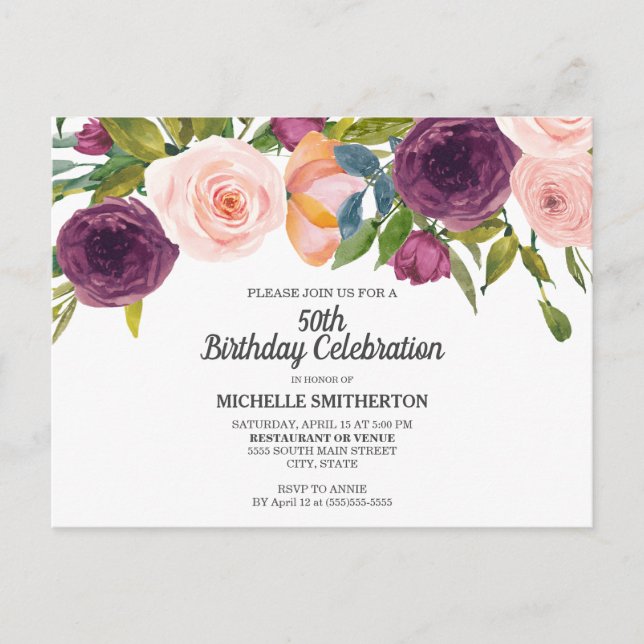 Lila Rosa Vattenfärgad Blommigt Vit 50:e födelseda Vykort (Framsida)