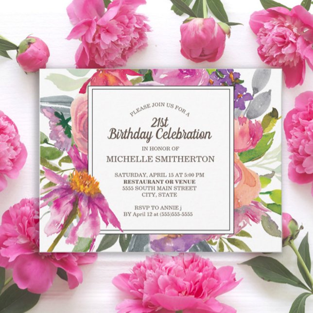 Lila Rosa Vattenfärgning Blommigt 21:a födelsedage Vykort (Purple and pink watercolor wildflowers 21st birthday party postcard invitation)