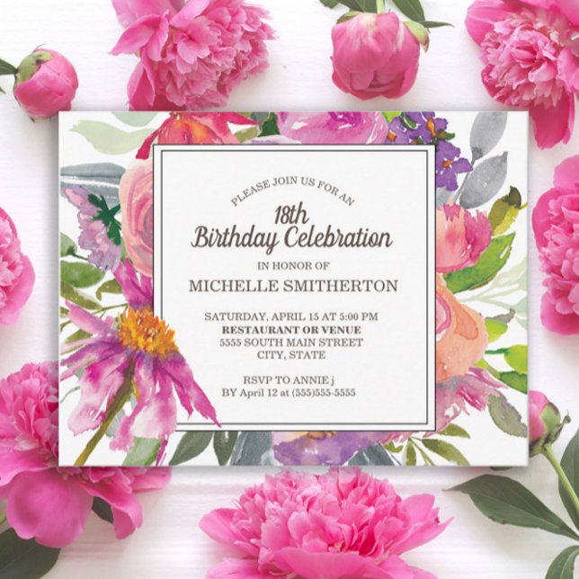 Lila Rosa VattenfärgsBlommigt 18:e Födelsedagsfest Vykort (Pink and purple watercolor wildflowers 18th birthday postcard)