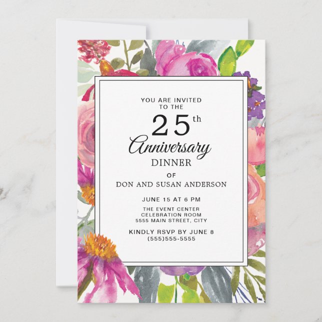 Lila Rosa Vilda Blommor 25-års Bröllopsjubileum Inbjudningar (Framsida)